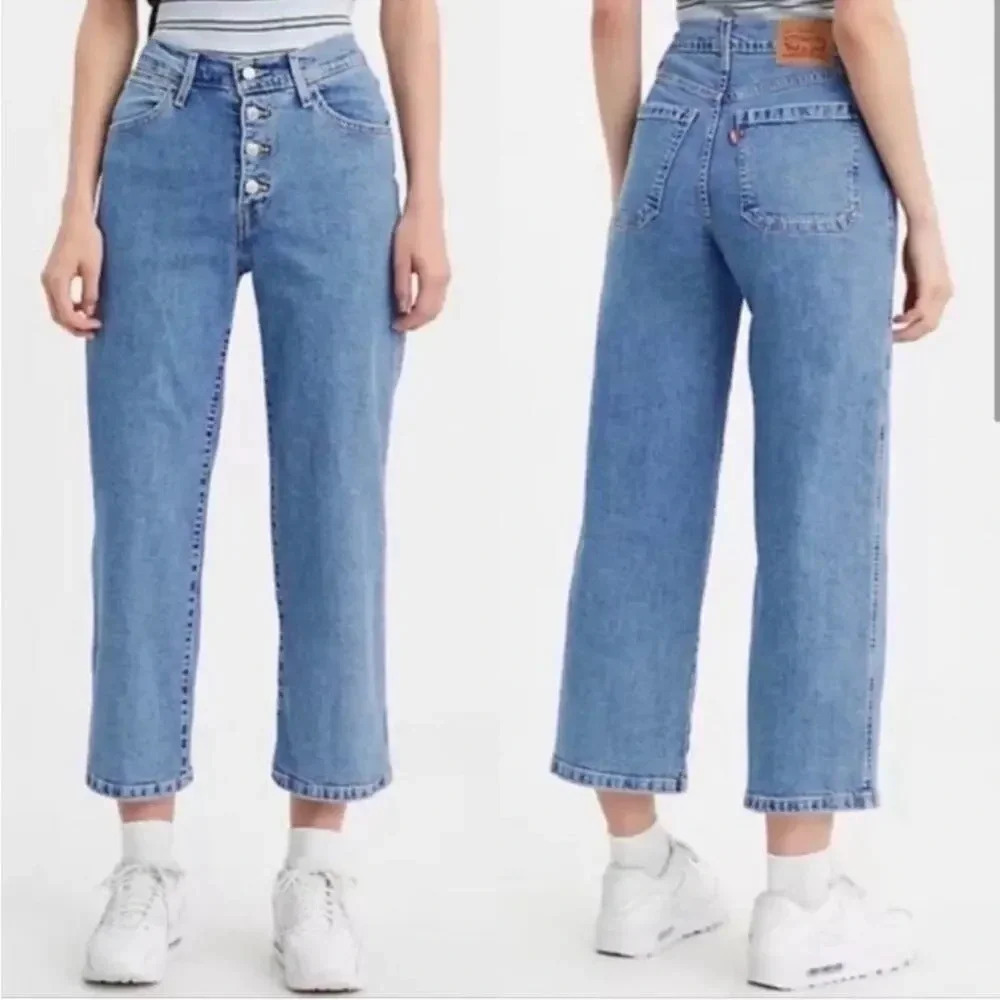 Levis Mile High Cropped Wide Leg Blue Button Fly Jeans Size 28